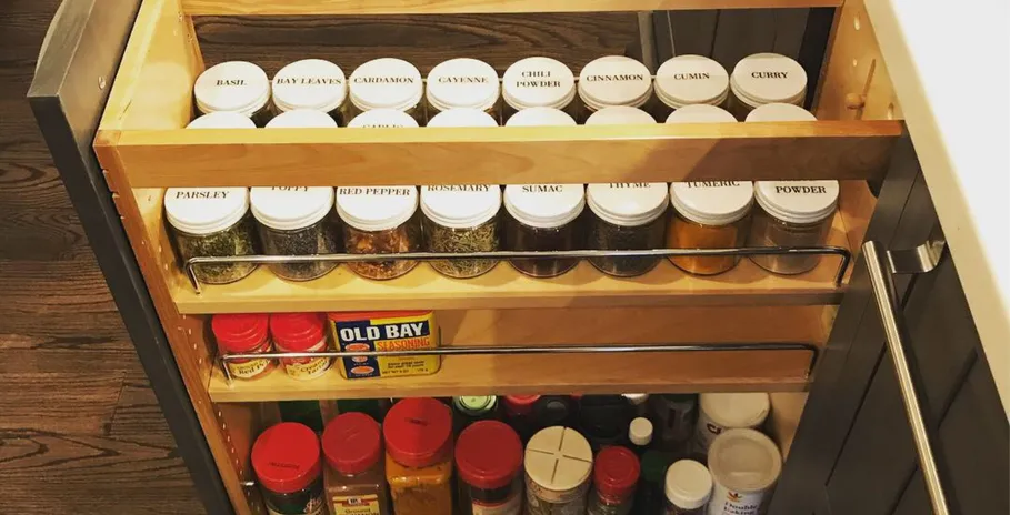 traditional spice jars wooden shelves